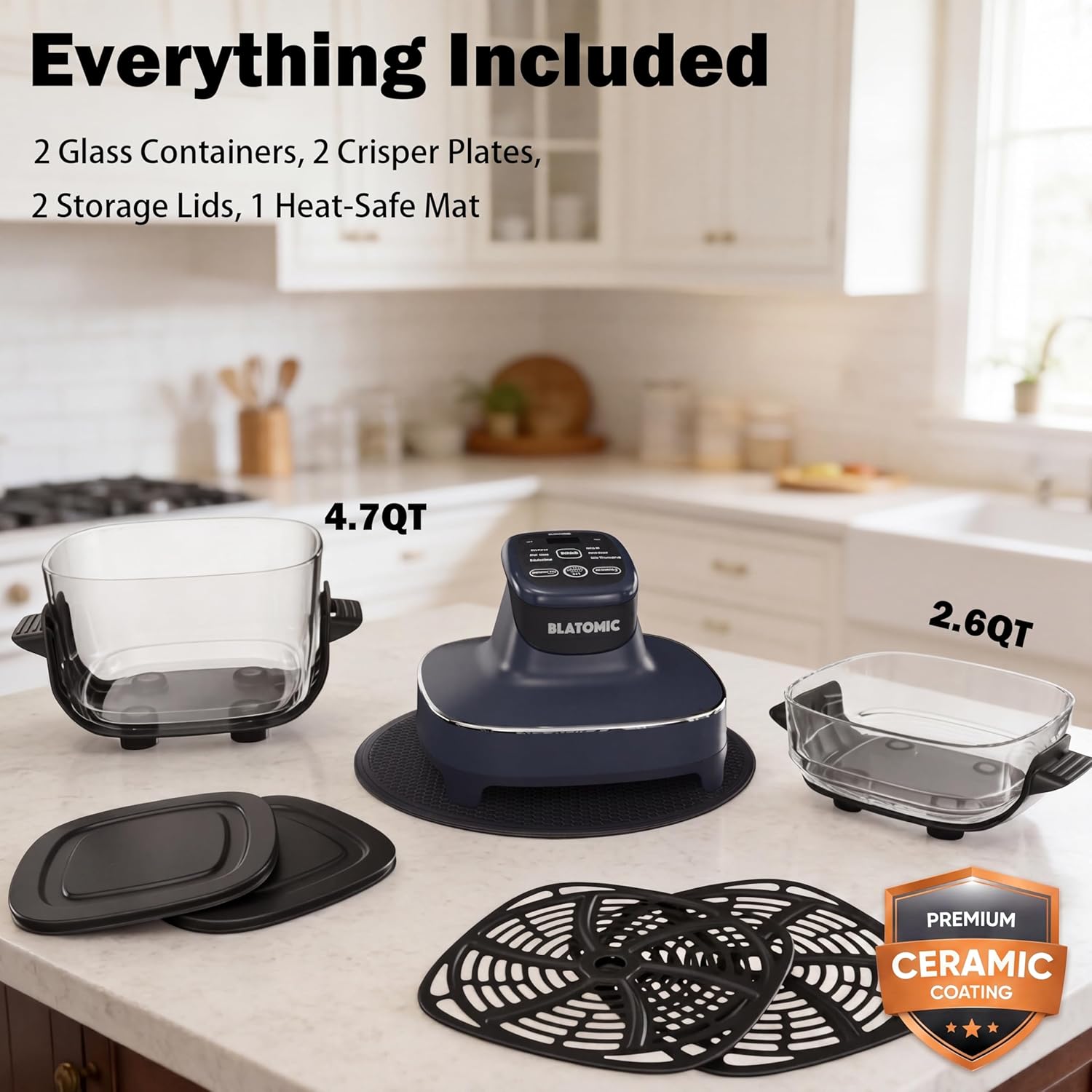 6-in-1 Glass Air Fryer Combo, 1500W High Power Countertop Oven with 2.6Qt & 4.7Qt Interchangeable Glass Bowls, Non-Toxic Ceramic Crisper, LED Display, Ideal for Meal Prep & Gifting, Iron Blue