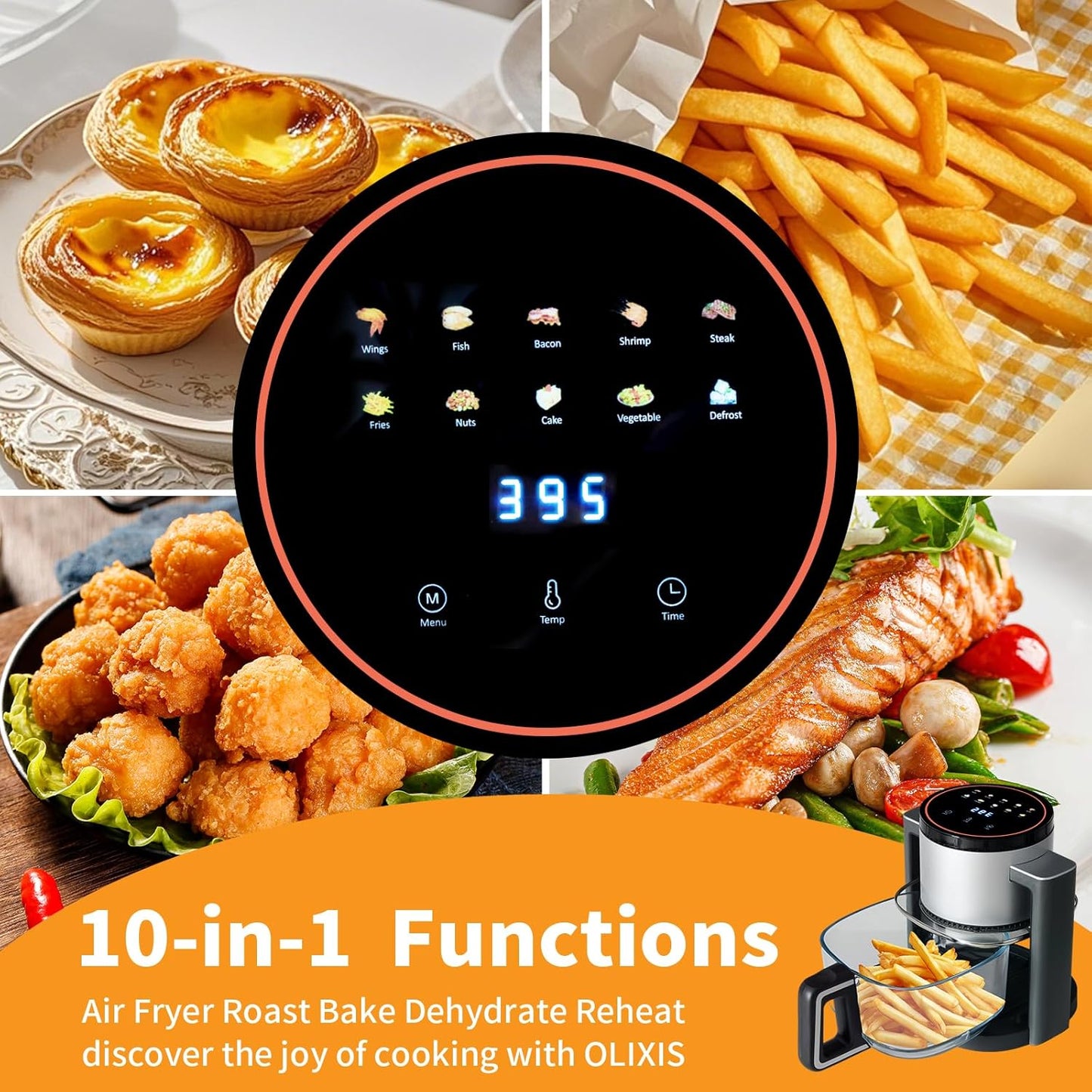 NEWBULIG 4.7Qt Glass Air Fryer, 10 in 1 Air Fryers with Timer, 105 to 395°F Wider Temperature, 360° Visibility, Dishwasher Safe, Roast Bake Dehydrate Reheat, Nonstick & Easy-Clean Basket, 1300W