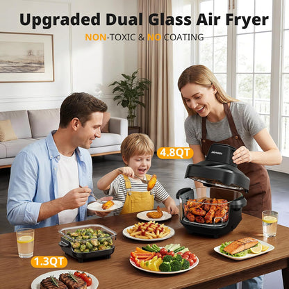 AIRMSEN Potable Glass Air Fryer Non-Toxic, 4.8QT & 1.3QT, 4 Presets & Manual Control, 140–450℉ Precise Heat, 95% Less Oil, Auto-Pause & Resume, Microwave & Dishwasher Safe