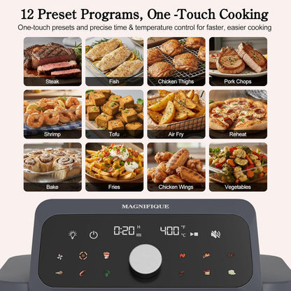 MAGNIFIQUE Casserole Air Fryer 6 Quart Large Capacity, Glass Air Fryer Oven Non Toxic, 12-in-1 Digital Touchscreen, Full Glass Viewing Window, Rapid Hot Air Circulation, Includes Basket & Storage Lid