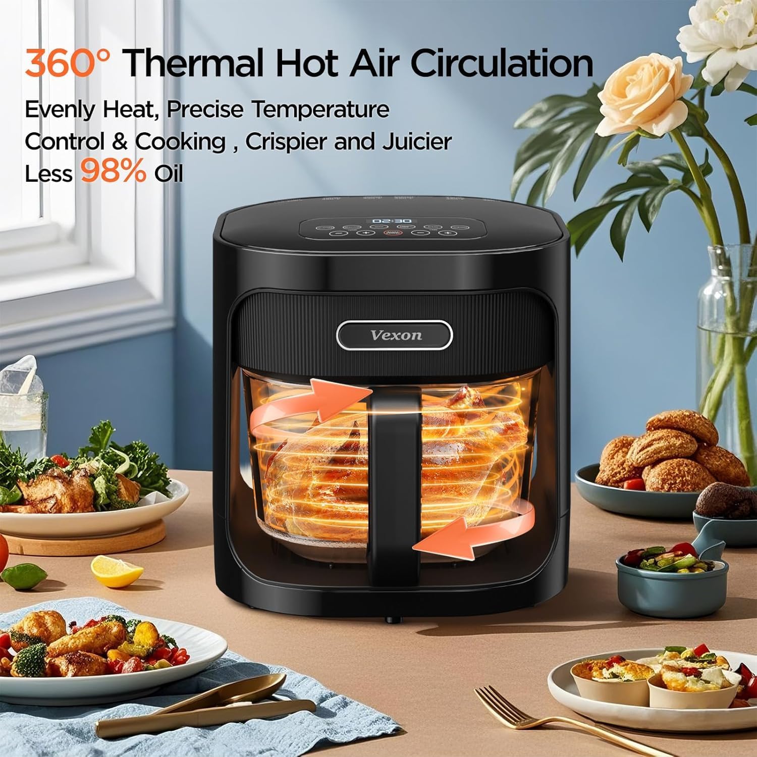 4.5QT Large Glass Air Fryer – See-Through Glass Window, Non Toxic, 360° Hot Air and Auto Shut-Off for Crispy Food, Temperature Control Dishwasher Safe