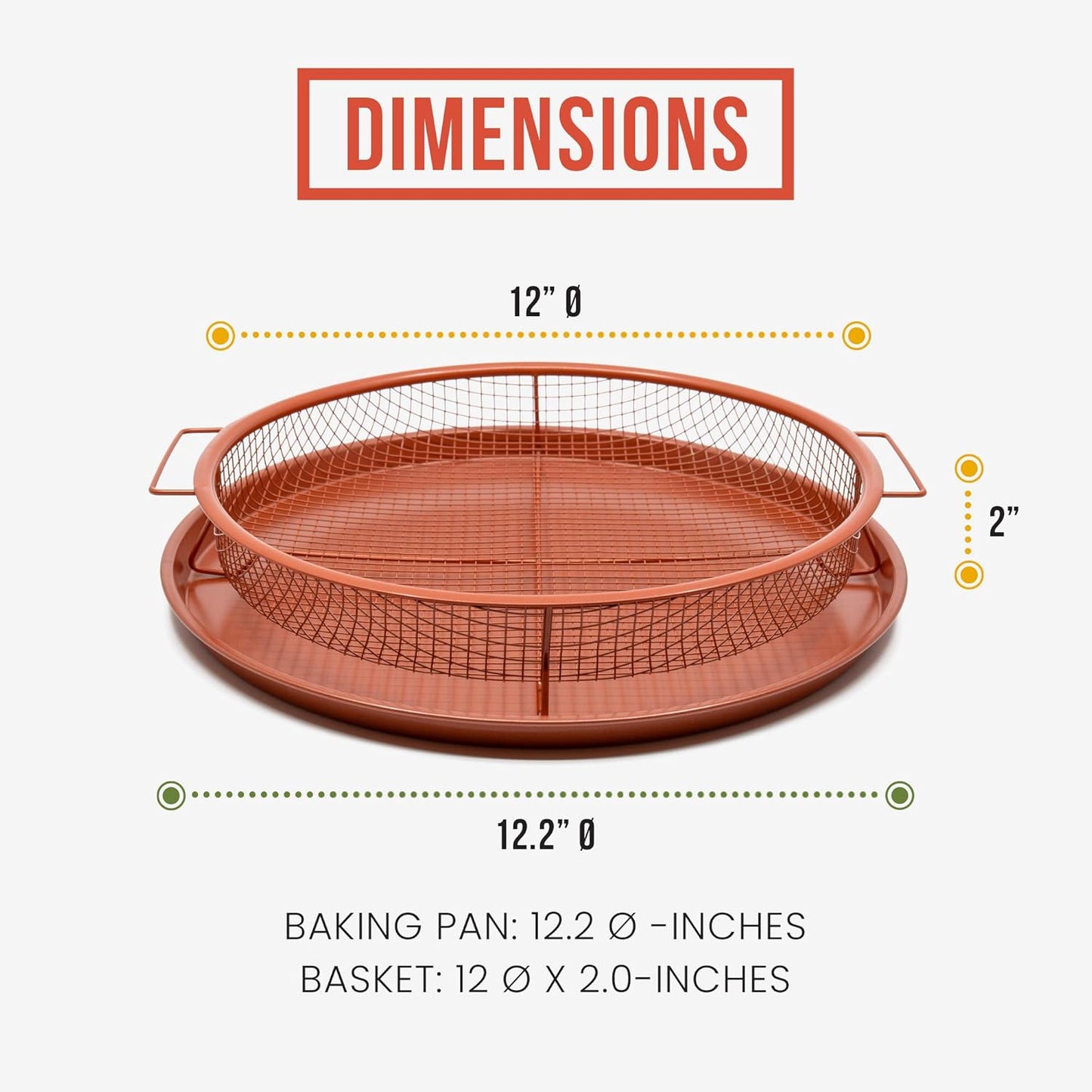 Chef Pomodoro Crisper Basket and Tray Set -2 Pieces, Large Plate for Oven with Air Fryer Option, Oil-Free Cookware Pan, Full Size Oven and Air Fryer Accessories for Any Kitchen, 12.2 inches (Copper)