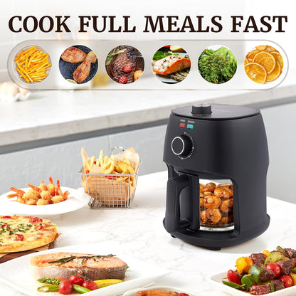 Elite Gourmet Glass Air Fryer, 2.4 Qt Compact Size for 1–2 People, PFAS-Free Ceramic & Glass Basket, Visible Cooking, Adjustable Temp 175–400°F, 1150W, Black