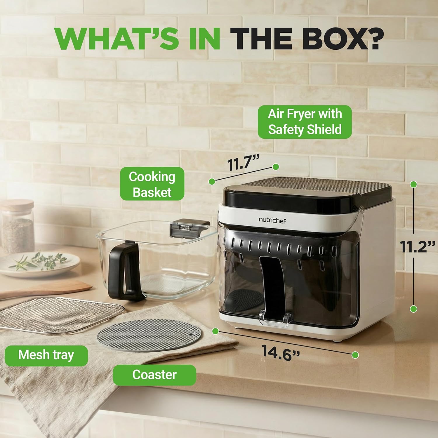 NutriChef 5.8 Quart Air Fryer | Glass Airfryer with 8-in-1 Digital Presets | Stainless Steel Fryer Design | Glass Fry Bowl with Flip-Up Safety Shield | Compact Air-Fryer for Even Cooking | White