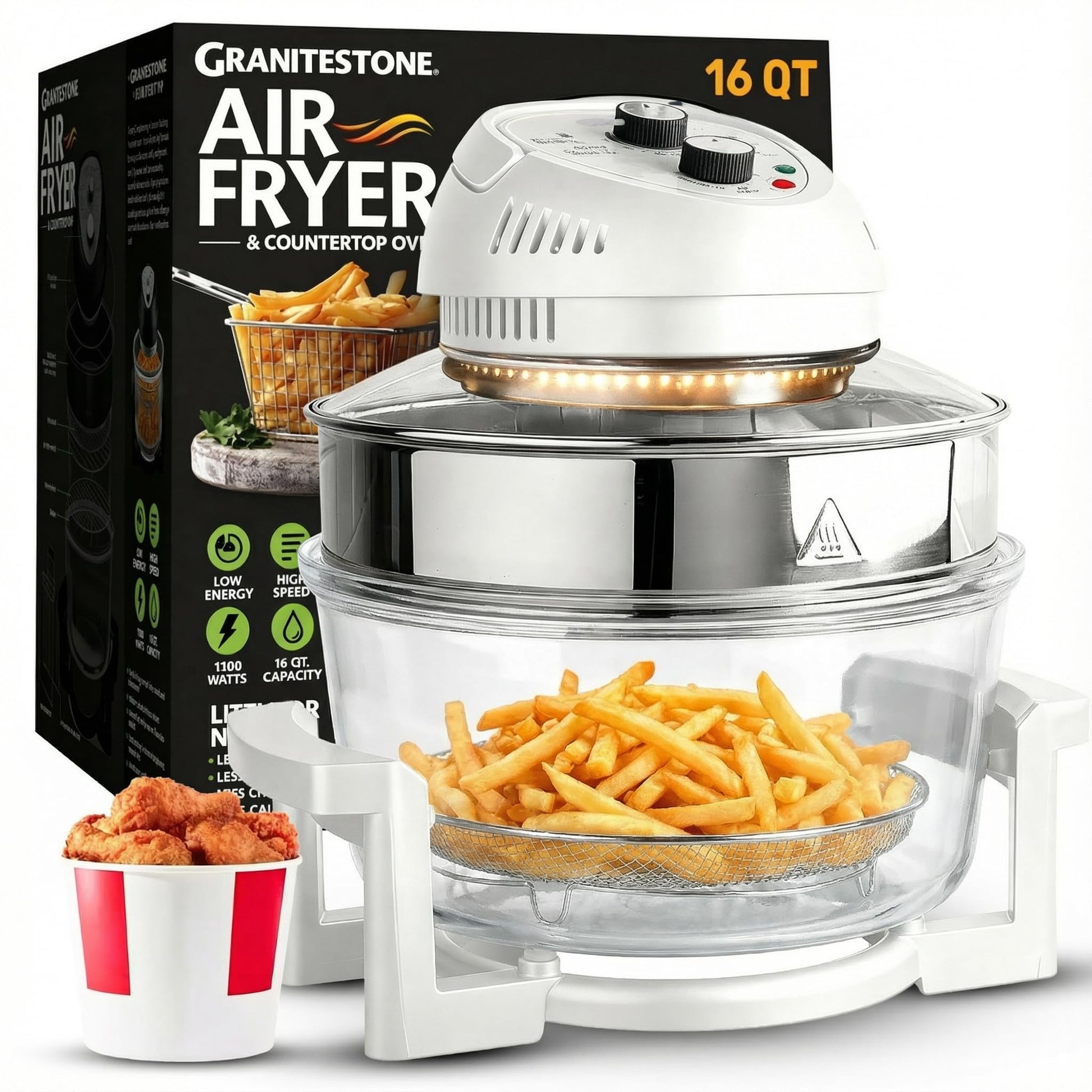 Granitestone 16Qt Large Glass Air Fryer Non Toxic – Family Sized Airfyrer Cooker with 3 Cooking Sections, Stainless Steel Racks, for French Fries, Chicken, No Preheat, Self Cleaning, Dishwasher Safe