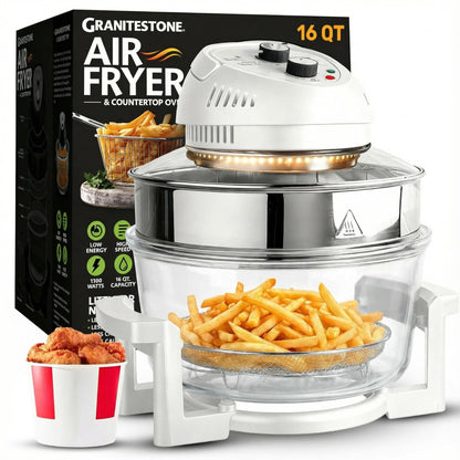 Granitestone 16Qt Large Glass Air Fryer Non Toxic – Family Sized Airfyrer Cooker with 3 Cooking Sections, Stainless Steel Racks, for French Fries, Chicken, No Preheat, Self Cleaning, Dishwasher Safe