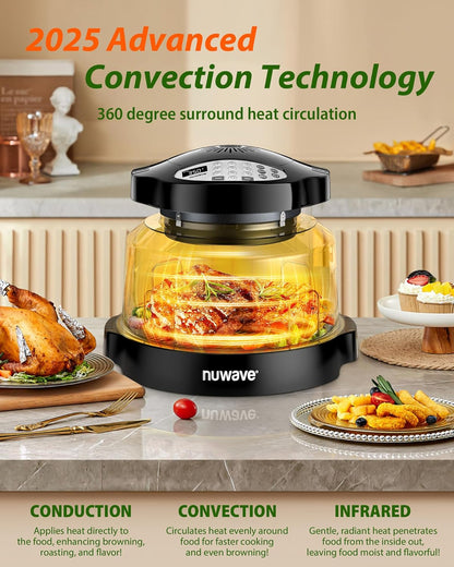 Nuwave Oven Pro Plus Air Fryer, Infra-Red Countertop, 2025 Advanced Convection, No Defrosting or Preheating, Cook Fresh or Frozen, Durable Power Dome, 100 Presets & 50 Memory, PFAS Free, Black
