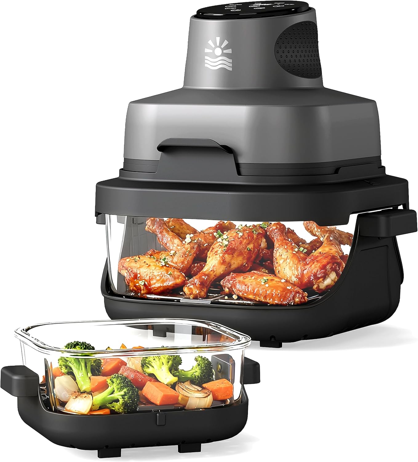 4-in-1 Portable Glass Air Fryer - 1500W, 400°F Precise Heat, 4.2QT & 1.6QT Dual Glass Containers and Lids, Non-Toxic, Max Crisp/Bake/Air Fry/Recrisp, Dishwasher Safe, Mother's Day