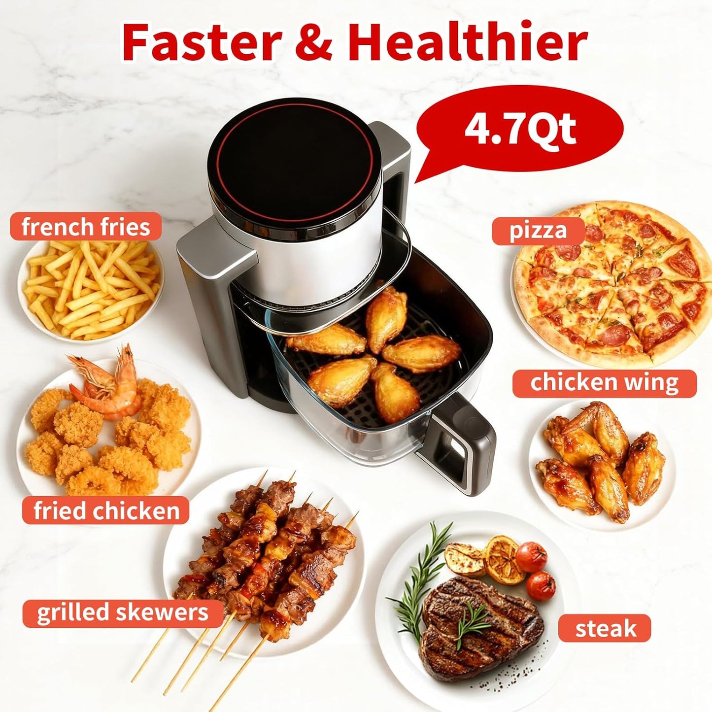 OLIXIS 4.7Qt Glass Air Fryer, Non Toxic Air Fryer with 10 Preset Cook Modes, 395°F Rapid Air Crispy Technology, Roast Bake Dehydrate Reheat, Nonstick & Easy-Clean Basket, 1300W