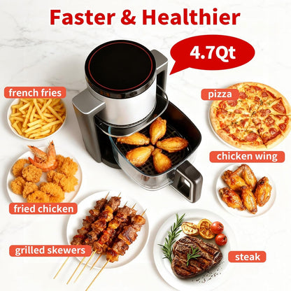 OLIXIS 4.7Qt Glass Air Fryer, Non Toxic Air Fryer with 10 Preset Cook Modes, 395°F Rapid Air Crispy Technology, Roast Bake Dehydrate Reheat, Nonstick & Easy-Clean Basket, 1300W