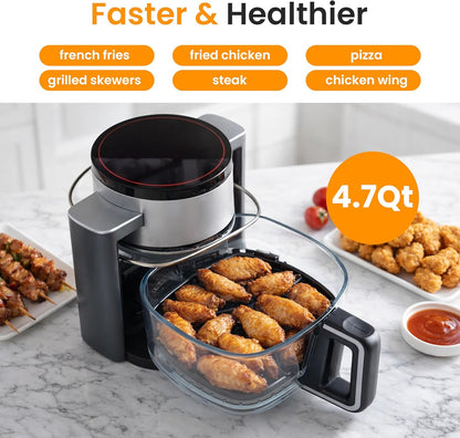 HealSmart 10-in-1 Glass Air Fryer, 4.7QT Non-Toxic Healthy Air Fryer with Rapid Air Crisping Technology, Versatile Functions for Bake, Roast, Dehydrate & Reheat, Nonstick & Dishwasher Safe Design