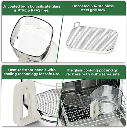 5 Quart Glass Air Fryer, Non Toxic & Uncoated High Borosilicate Glass Basket, Airfryer with Transparent Fry Bowl, 8 Preset Modes, PTFE/PFAS Free, BPA-Free, Dishwasher Safe, White