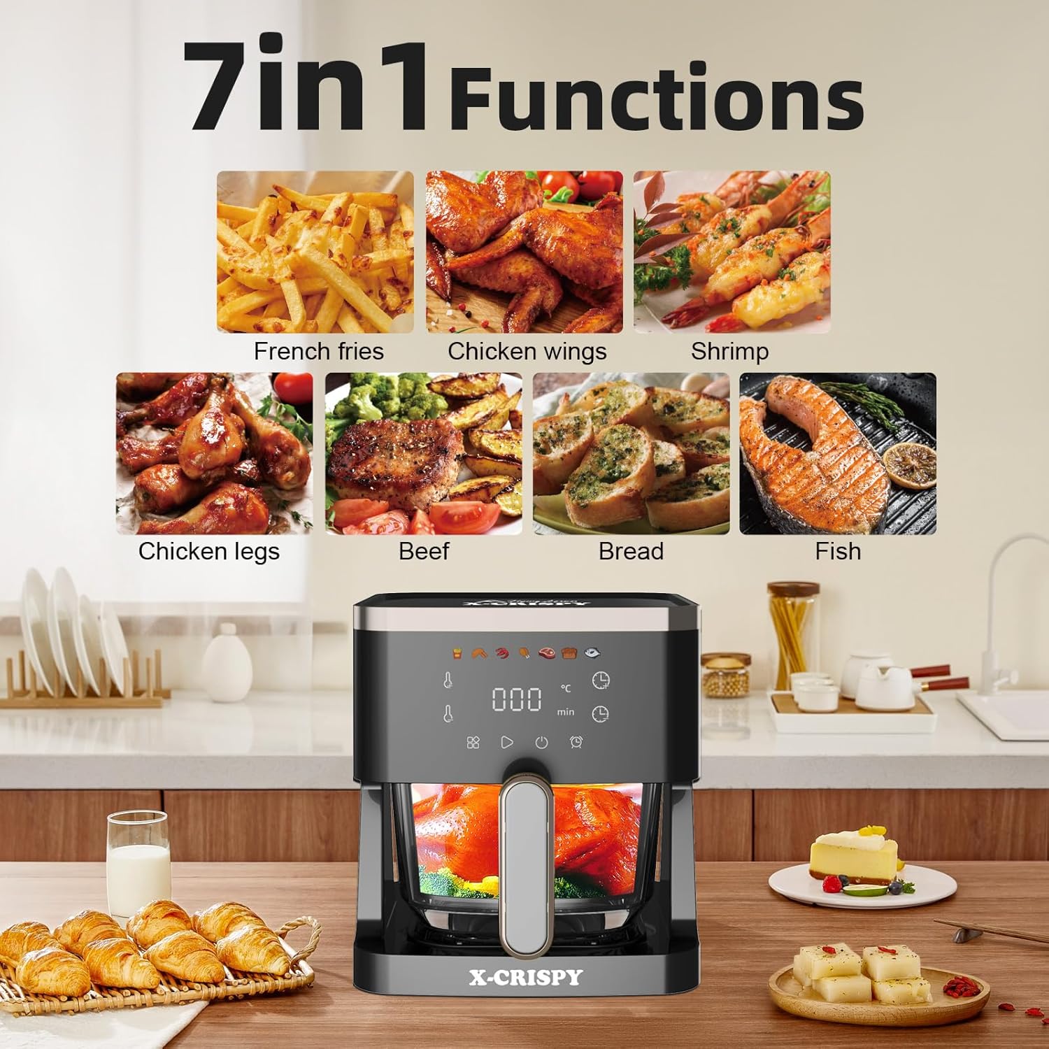 APSARAS USA Air Fryer Glass, 5.2QT Convection Oven Glass Air Fryer Non Toxic, Transparent Fry Bowl | Cook Shrimp, Steak, Fries, Wings, Chicken & More | Precise Temperature Control & Time