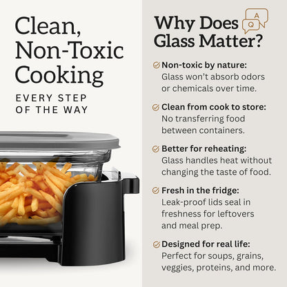 4-in-1 Portable Glass Air Fryer Cooking System, 1500W, 6.3QT & 4.4QT Glass Containers with Storage Lids, Microwave, Freezer & Dishwasher Safe