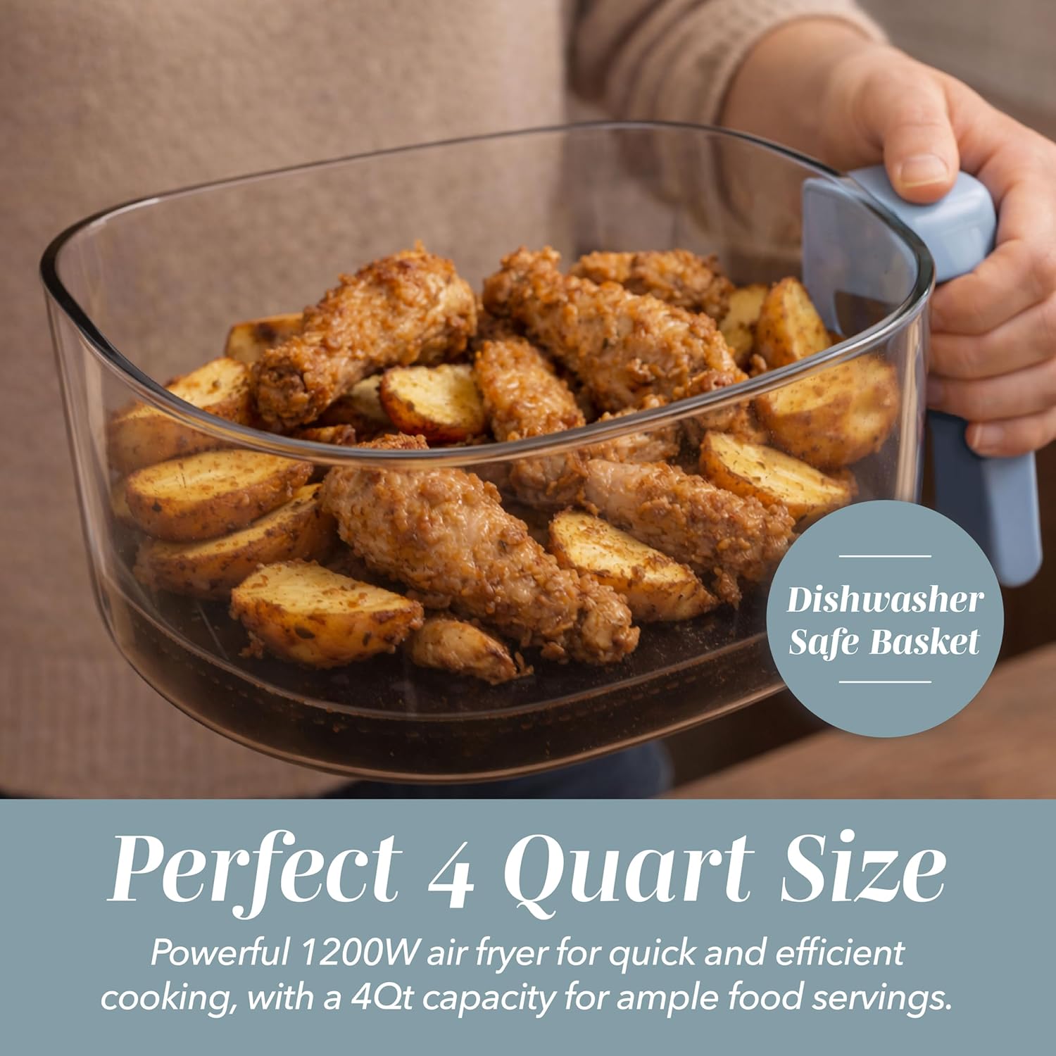 COOK WITH COLOR Colorful 1200W 4Qt Air Fryer: Glass Basket, Dishwasher Safe, 60min Timer, 6 Presets, Temp Control 175F-400F, 4 QT, Slate Blue