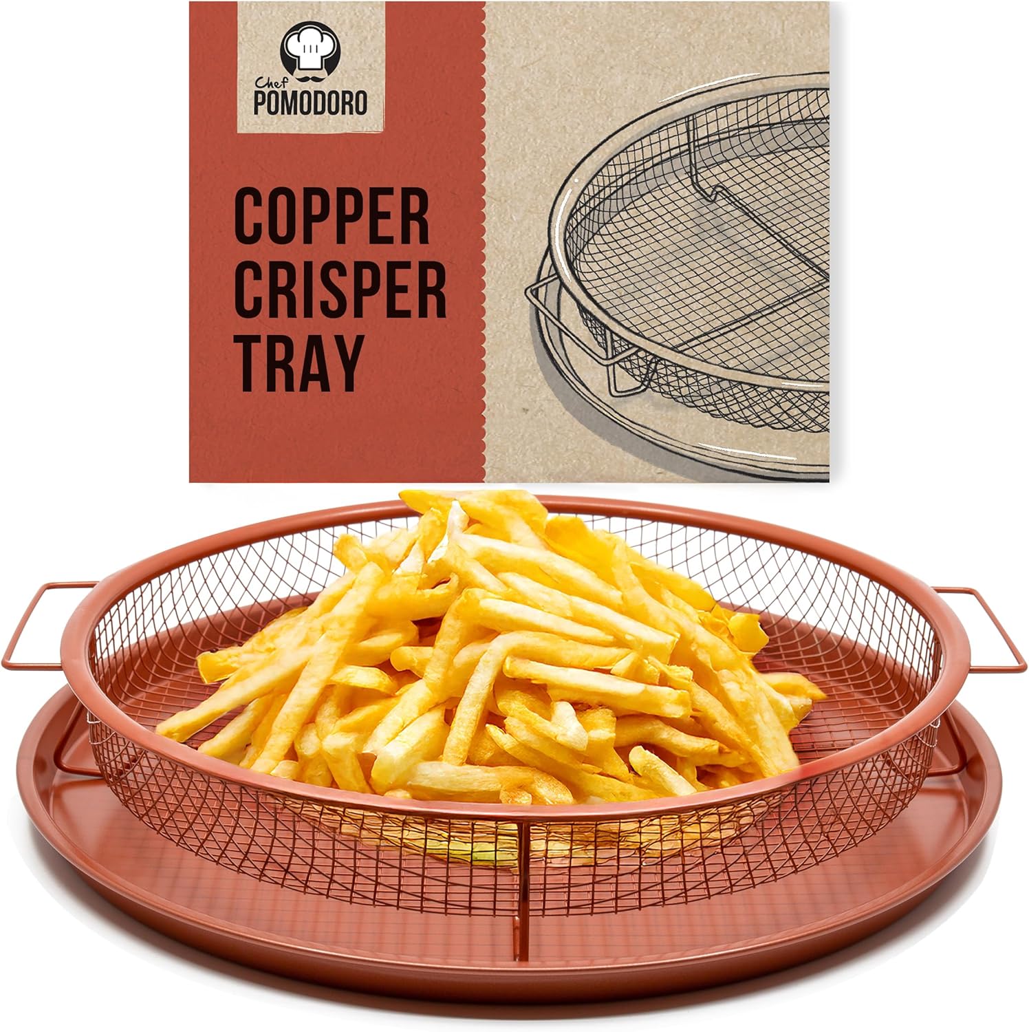 Chef Pomodoro Crisper Basket and Tray Set -2 Pieces, Large Plate for Oven with Air Fryer Option, Oil-Free Cookware Pan, Full Size Oven and Air Fryer Accessories for Any Kitchen, 12.2 inches (Copper)