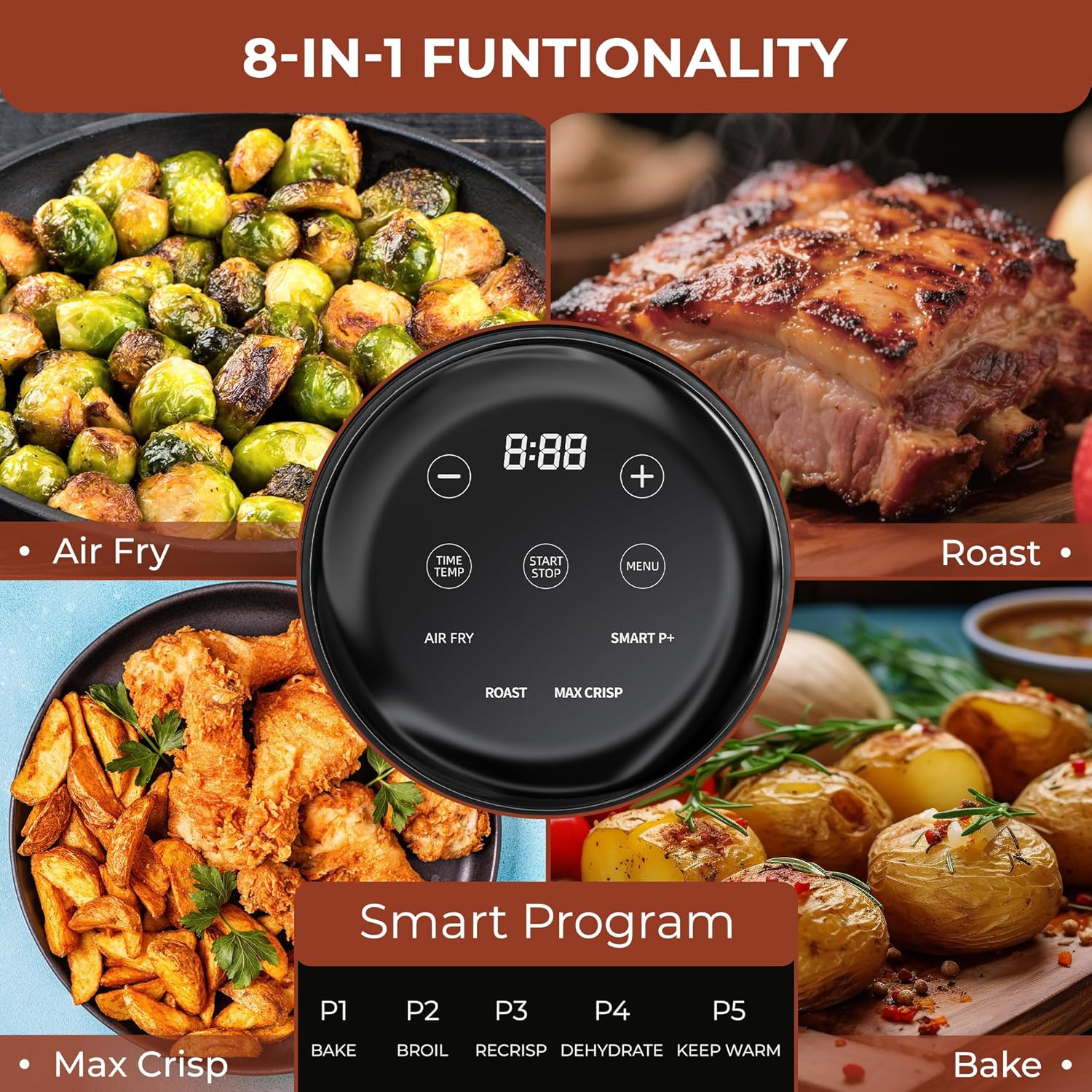 Rosewill 8-in-1 Portable Glass Air Fryer, 5.5QT & 1.6QT Dual Transparent Glass Cooking Pot with Storage Lid & Tongs, Compact Smart for Air Fry, Deep Roast, Recrisp, Bake and more - Saturn Gray