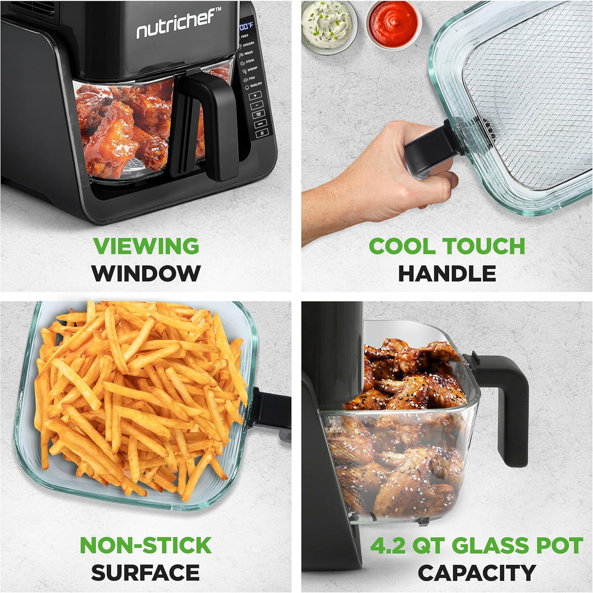 NutriChef 4 QT Air Fryer & Grill | 7-1 Preset Cook Modes | Transparent Fry Bowl for Best Cooking Results | Cook Shrimp, Steak, Fries, Wings & More | 4 QT Glass Air Fryer & 1.2 QT Grill | Black