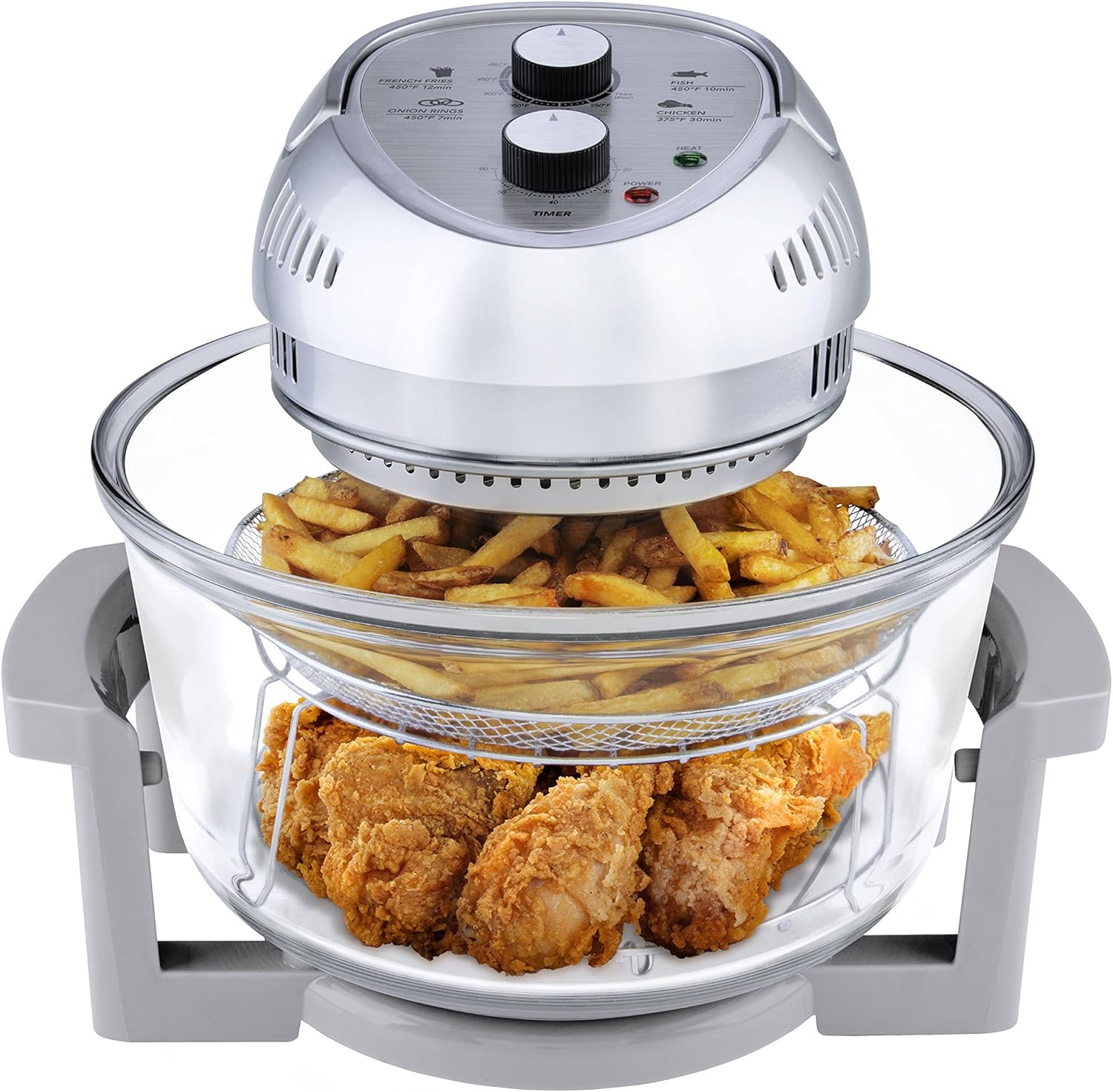 Granitestone 16Qt Large Glass Air Fryer Non Toxic – Family Sized Airfyrer Cooker with 3 Cooking Sections, Stainless Steel Racks, for French Fries, Chicken, No Preheat, Self Cleaning, Dishwasher Safe
