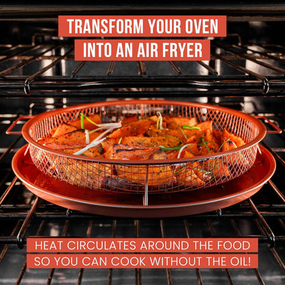 Chef Pomodoro Crisper Basket and Tray Set -2 Pieces, Large Plate for Oven with Air Fryer Option, Oil-Free Cookware Pan, Full Size Oven and Air Fryer Accessories for Any Kitchen, 12.2 inches (Copper)