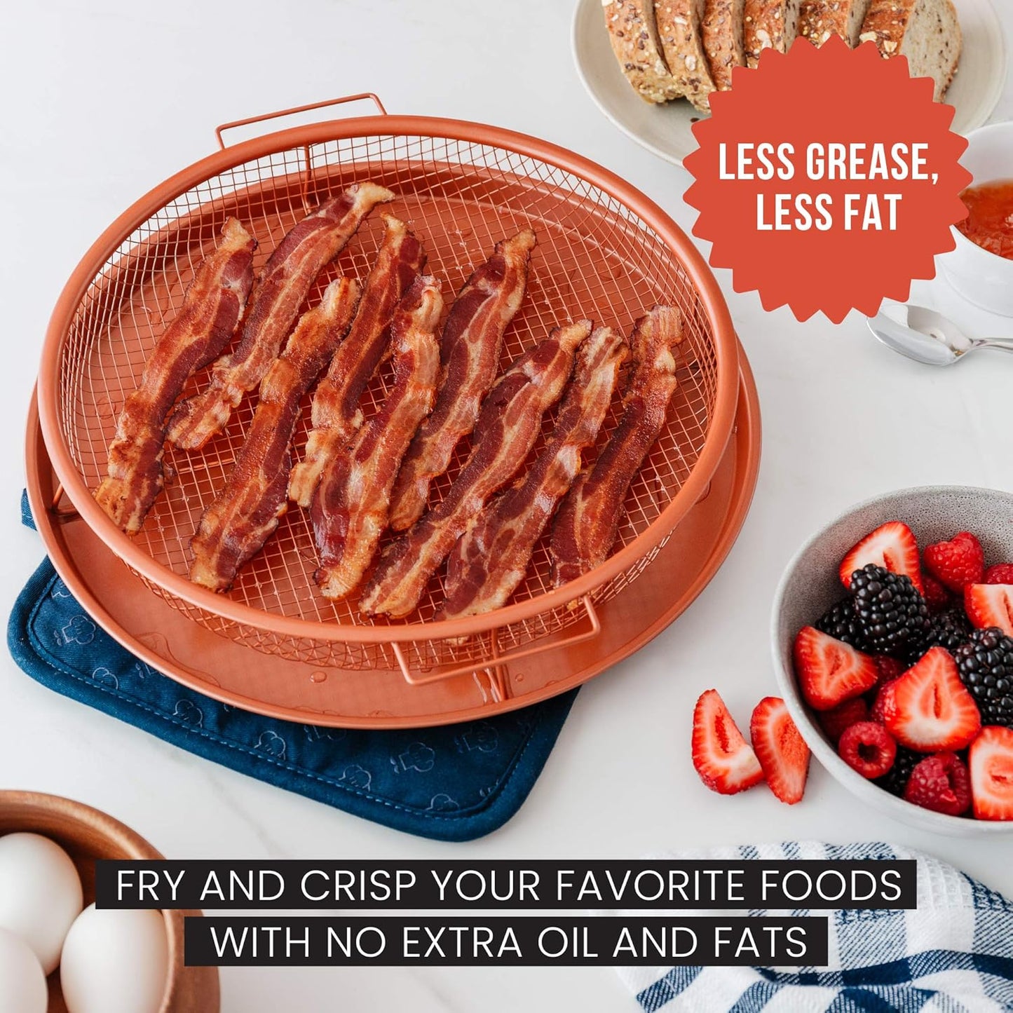 Chef Pomodoro Crisper Basket and Tray Set -2 Pieces, Large Plate for Oven with Air Fryer Option, Oil-Free Cookware Pan, Full Size Oven and Air Fryer Accessories for Any Kitchen, 12.2 inches (Copper)