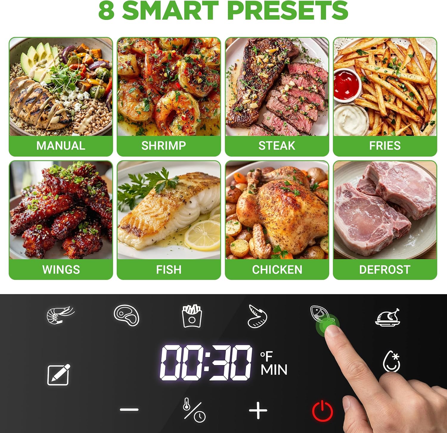 NutriChef 5.8 Quart Air Fryer | Glass Airfryer with 8-in-1 Digital Presets | Stainless Steel Fryer Design | Glass Fry Bowl with Flip-Up Safety Shield | Compact Air-Fryer for Even Cooking | White