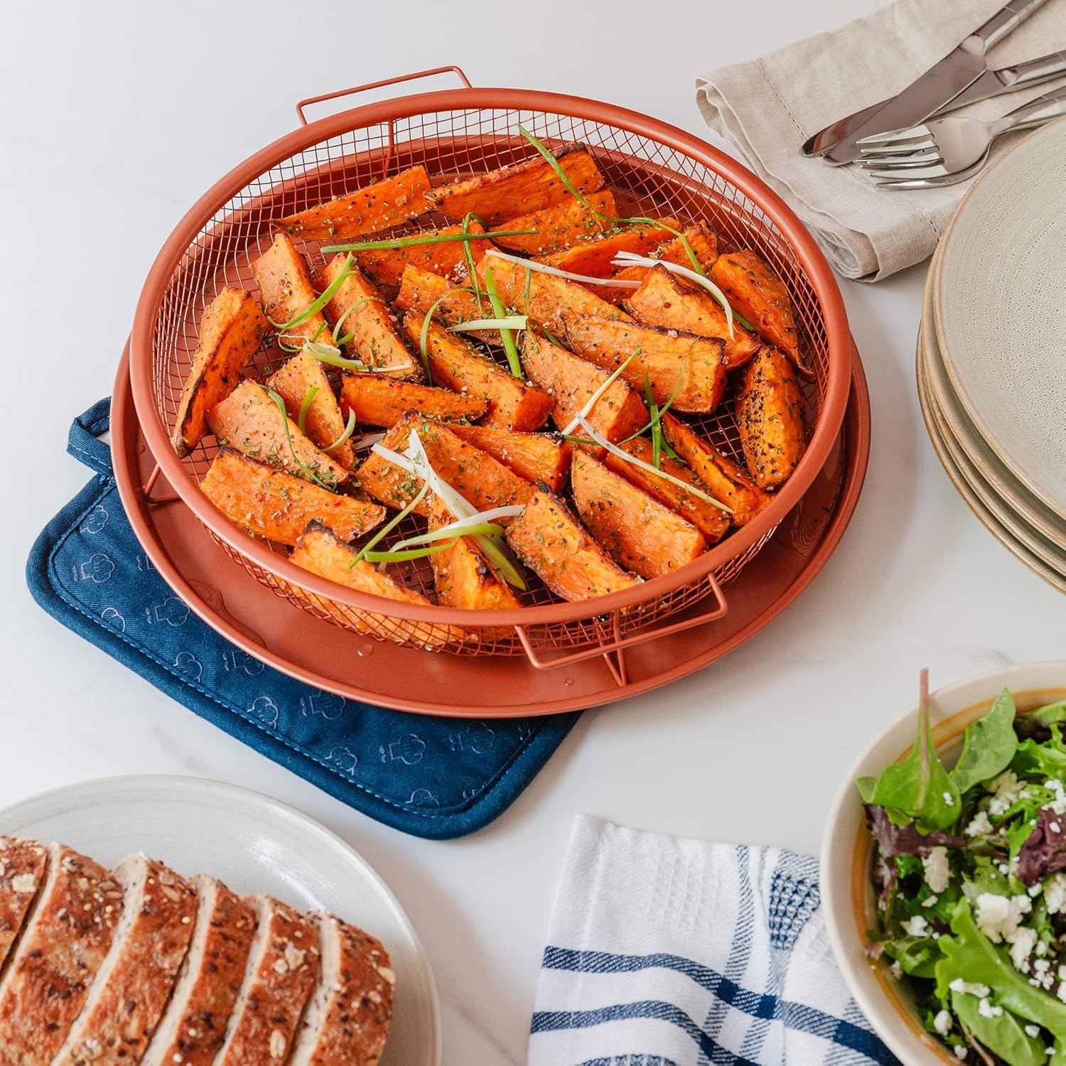 Chef Pomodoro Crisper Basket and Tray Set -2 Pieces, Large Plate for Oven with Air Fryer Option, Oil-Free Cookware Pan, Full Size Oven and Air Fryer Accessories for Any Kitchen, 12.2 inches (Copper)